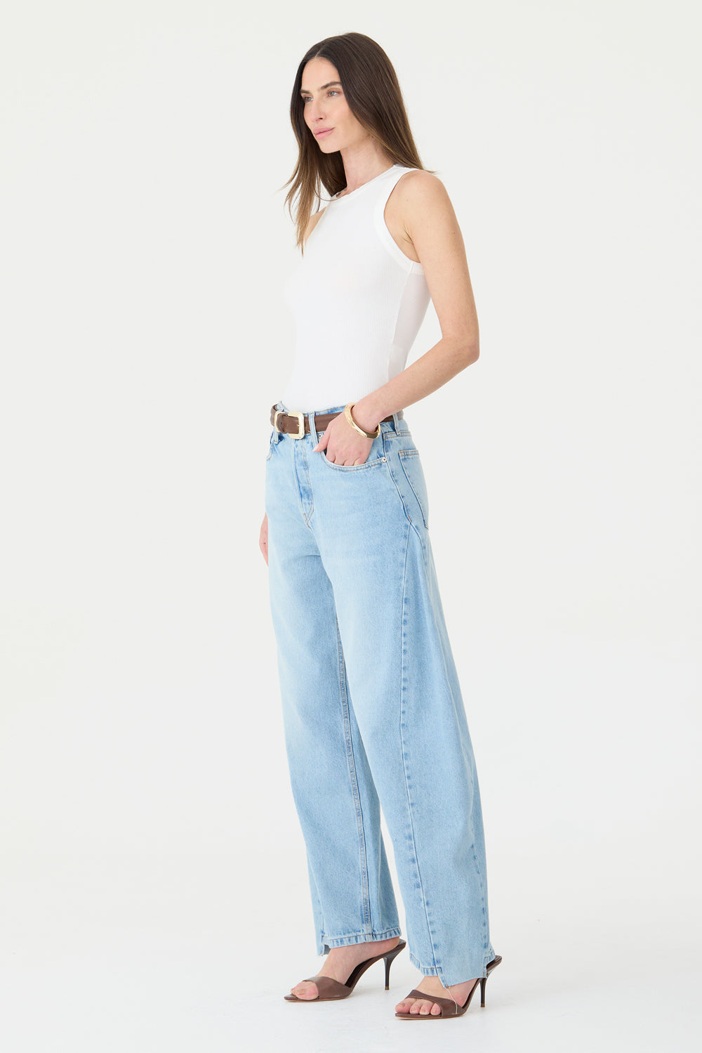 CALÇA ALINE FEMININA BARREL RECORTES JEANS CLARO