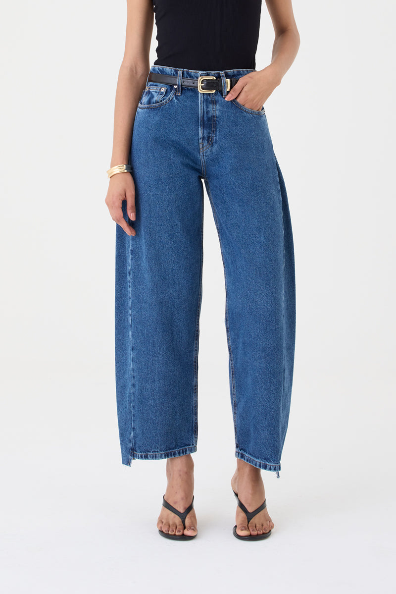CALÇA ALINE FEMININA BARREL RECORTES JEANS STONED ESCURO