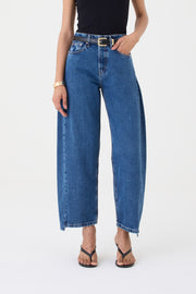 CALÇA ALINE FEMININA BARREL RECORTES JEANS STONED ESCURO
