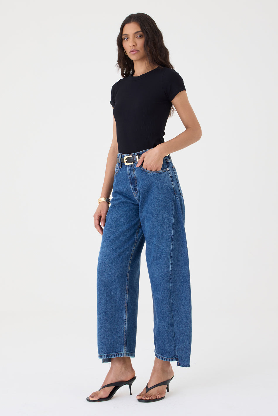 CALÇA ALINE FEMININA BARREL RECORTES JEANS STONED ESCURO