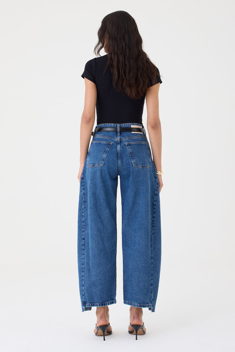 CALÇA ALINE FEMININA BARREL RECORTES JEANS STONED ESCURO