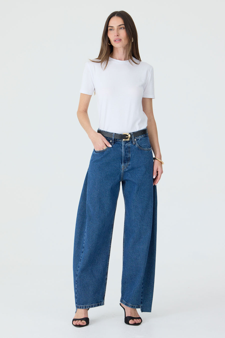 CALÇA ALINE FEMININA BARREL RECORTES JEANS STONED ESCURO