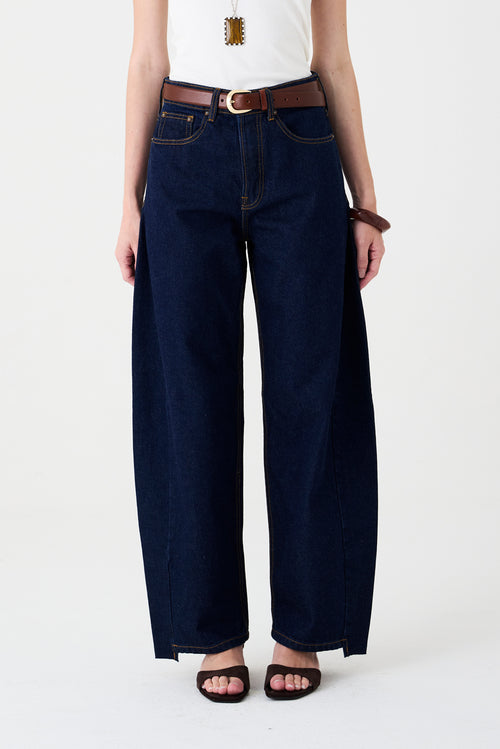 CALÇA ALINE FEMININA BARREL RECORTES JEANS ESCURO