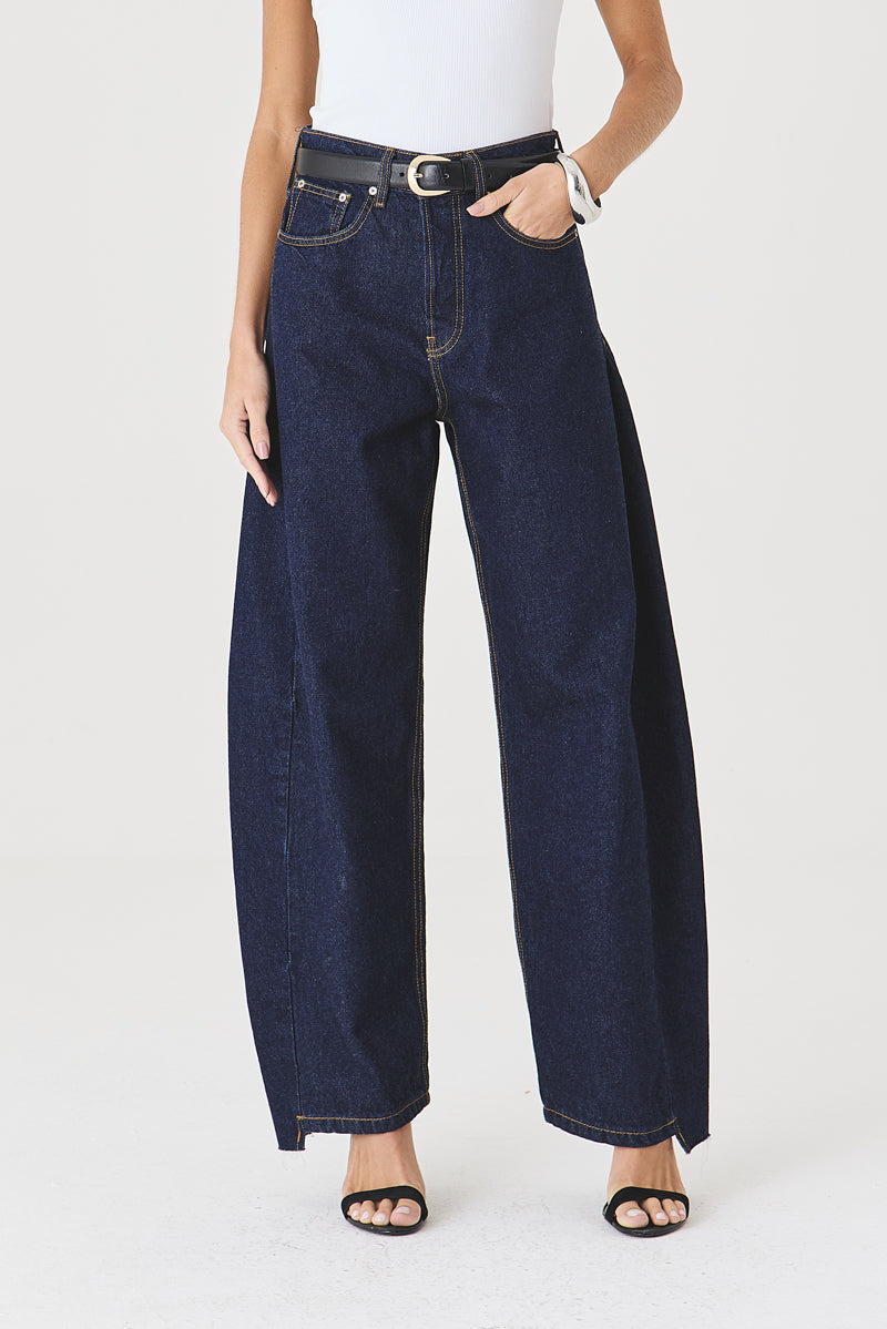 CALÇA ALINE FEMININA BARREL RECORTES JEANS ESCURO
