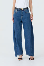 CALÇA ALINE FEMININA BARREL RECORTES JEANS STONED ESCURO