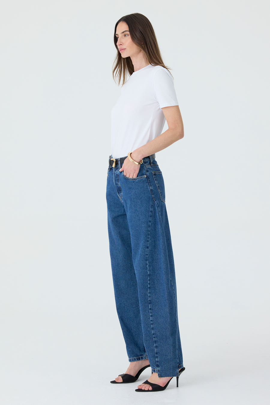 CALÇA ALINE FEMININA BARREL RECORTES JEANS STONED ESCURO