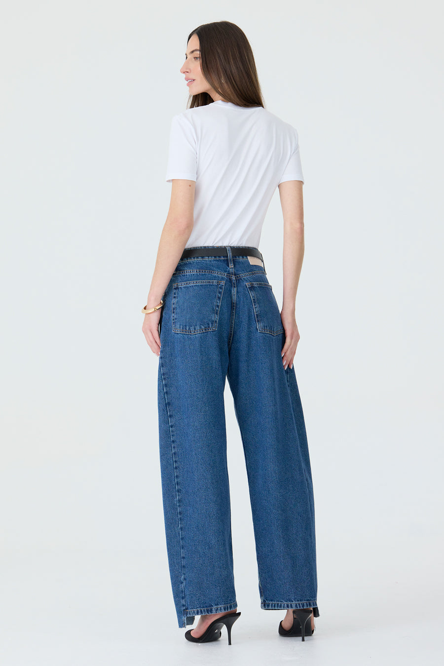 CALÇA ALINE FEMININA BARREL RECORTES JEANS STONED ESCURO