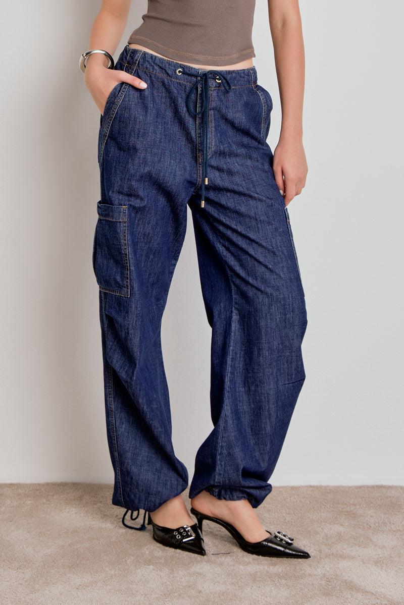 CALÇA FEMININA CARGO AMARRACAO JEANS