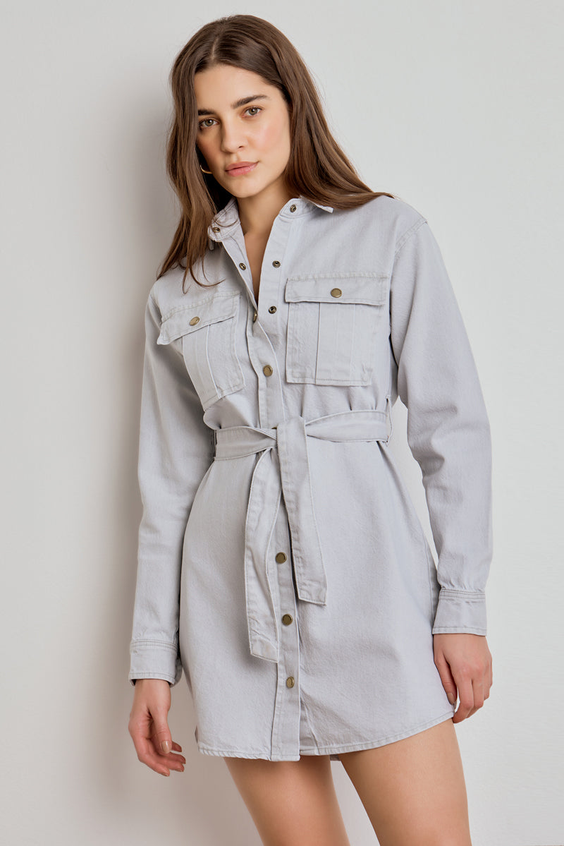VESTIDO FEMININO CURTO MANGA LONGA SARJA - CINZA CLARO