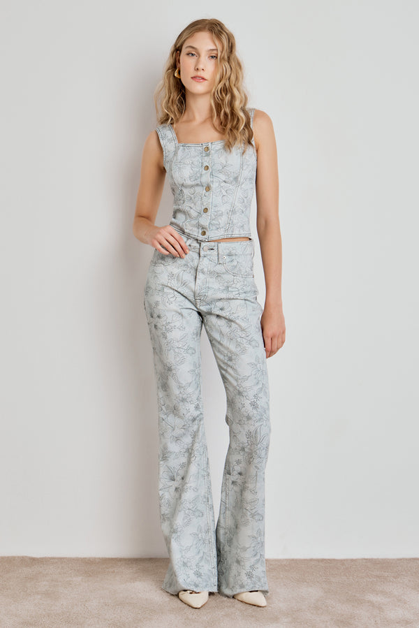 CALCA FEMININA BOOTCUT ESTAMPADA FLOWER SKETCH