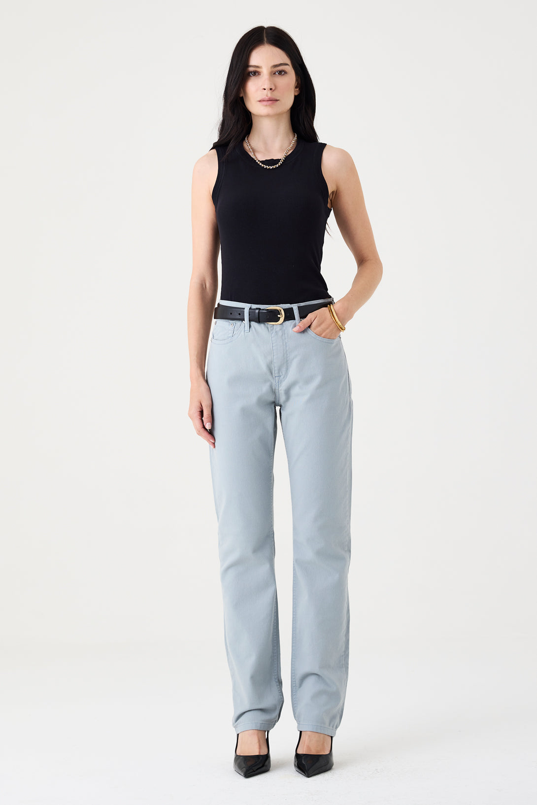 CALÇA TINA FEMININA LOW RISE SARJA CINZA CLARO