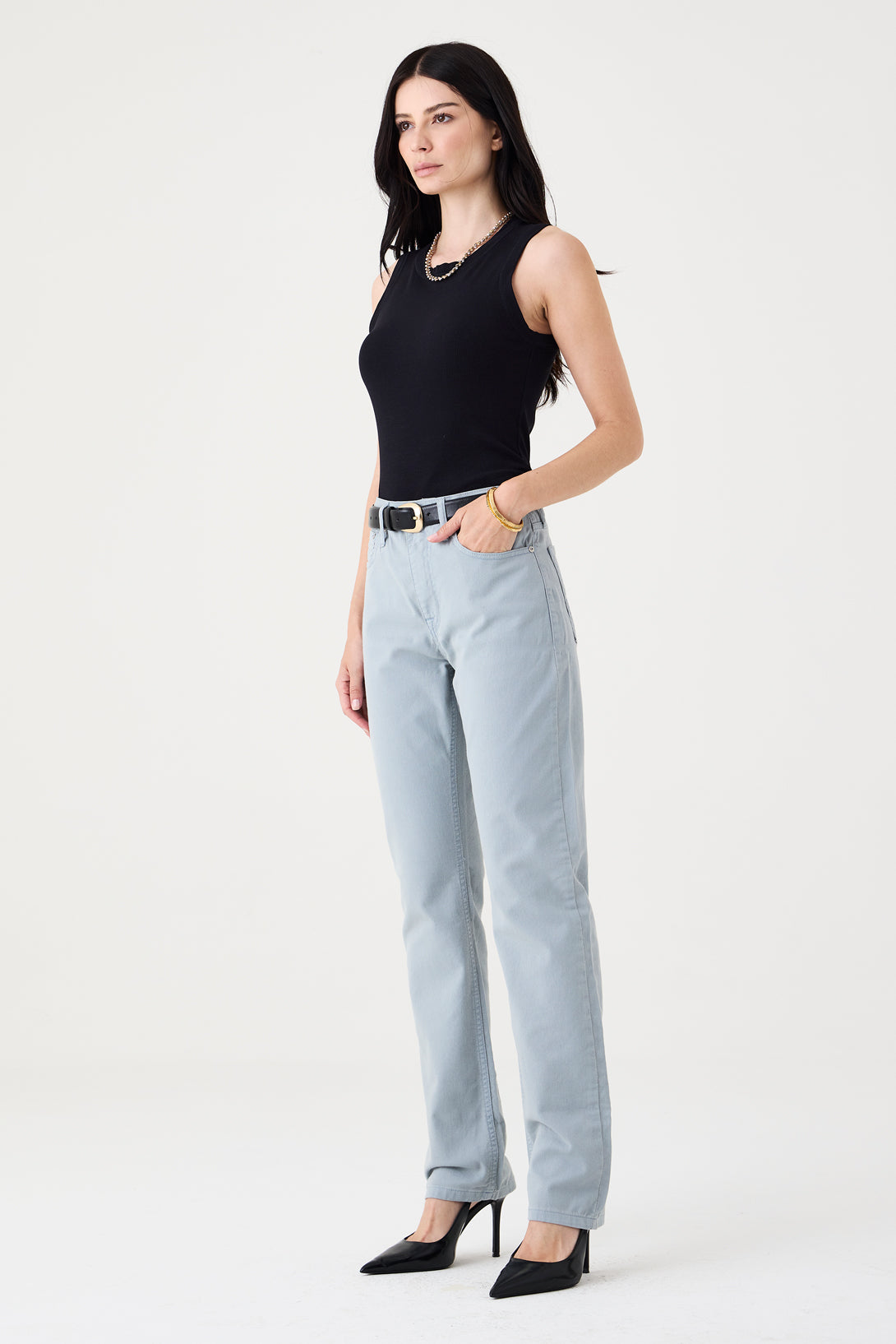 CALÇA TINA FEMININA LOW RISE SARJA CINZA CLARO