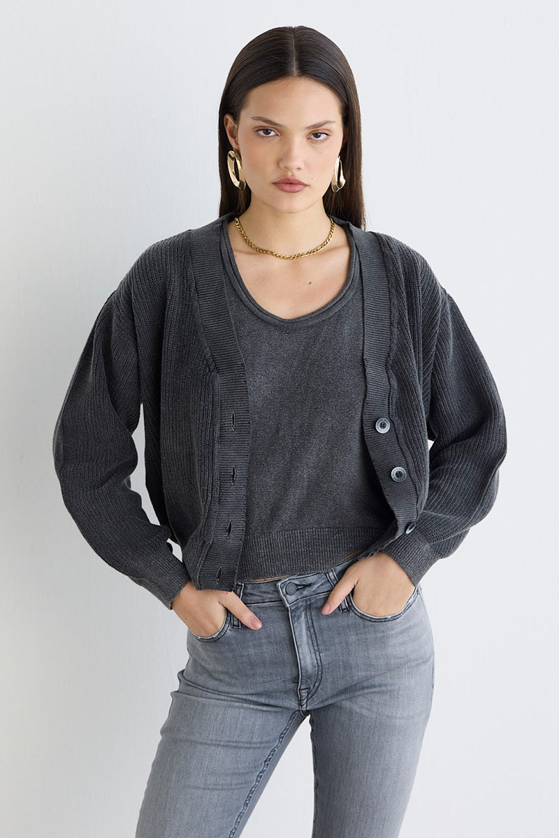 TRICOT CARDIGAN STONED - PRETO
