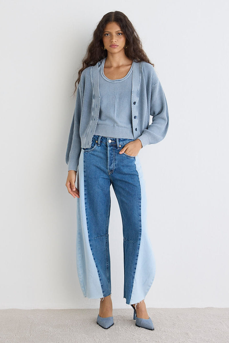 TRICOT CARDIGAN STONED - AZUL DENIM