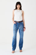 CALÇA ÍSIS FEMININA STRAIGHT RECORTES JEANS MÉDIO