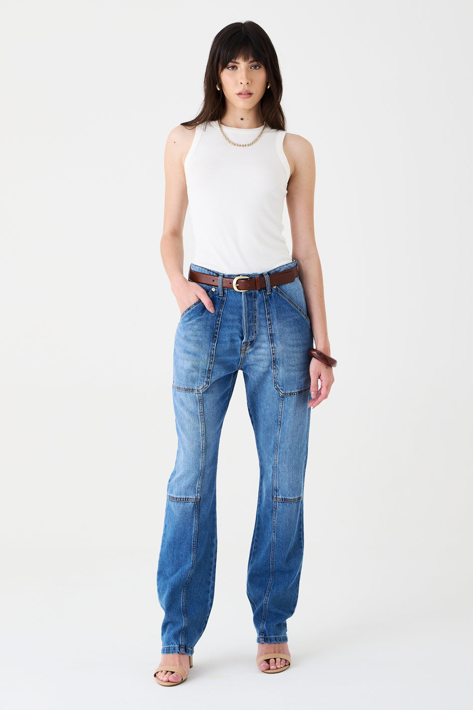 CALÇA ÍSIS FEMININA STRAIGHT RECORTES JEANS MÉDIO