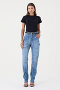 CALÇA ÍSIS FEMININA STRAIGHT RECORTES JEANS MÉDIO