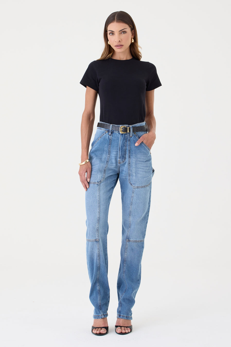 CALÇA ÍSIS FEMININA STRAIGHT RECORTES JEANS MÉDIO
