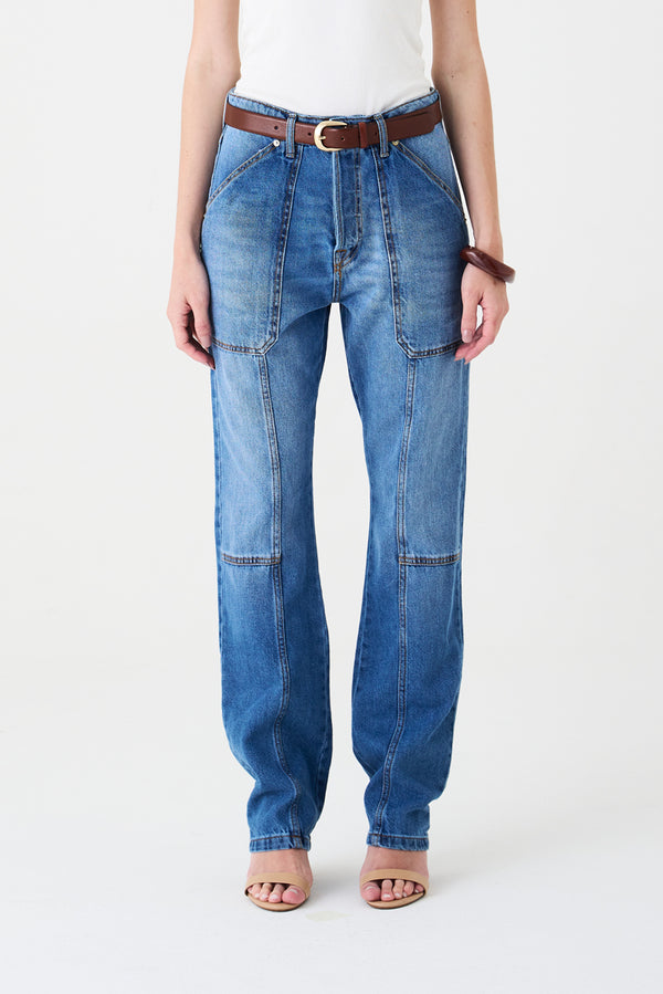 CALÇA ÍSIS FEMININA STRAIGHT RECORTES JEANS MÉDIO