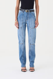 CALÇA ÍSIS FEMININA STRAIGHT RECORTES JEANS MÉDIO
