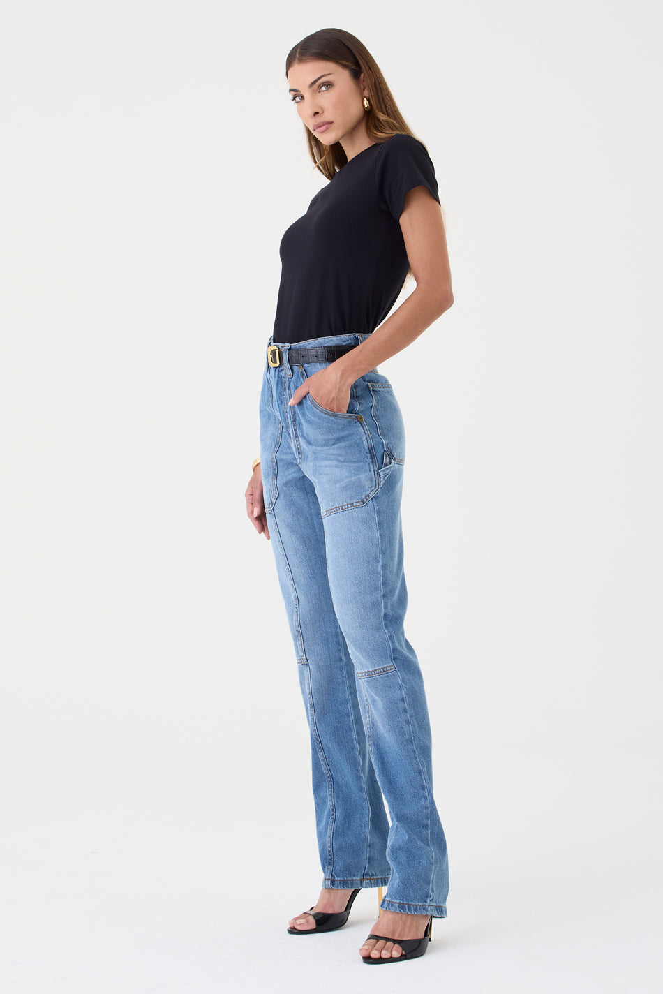 CALÇA ÍSIS FEMININA STRAIGHT RECORTES JEANS MÉDIO