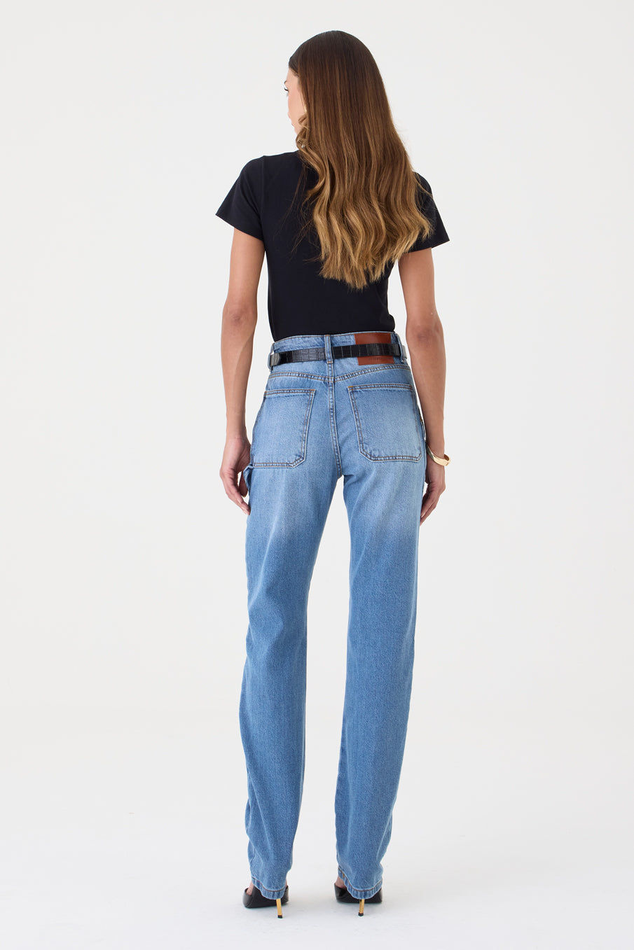 CALÇA ÍSIS FEMININA STRAIGHT RECORTES JEANS MÉDIO