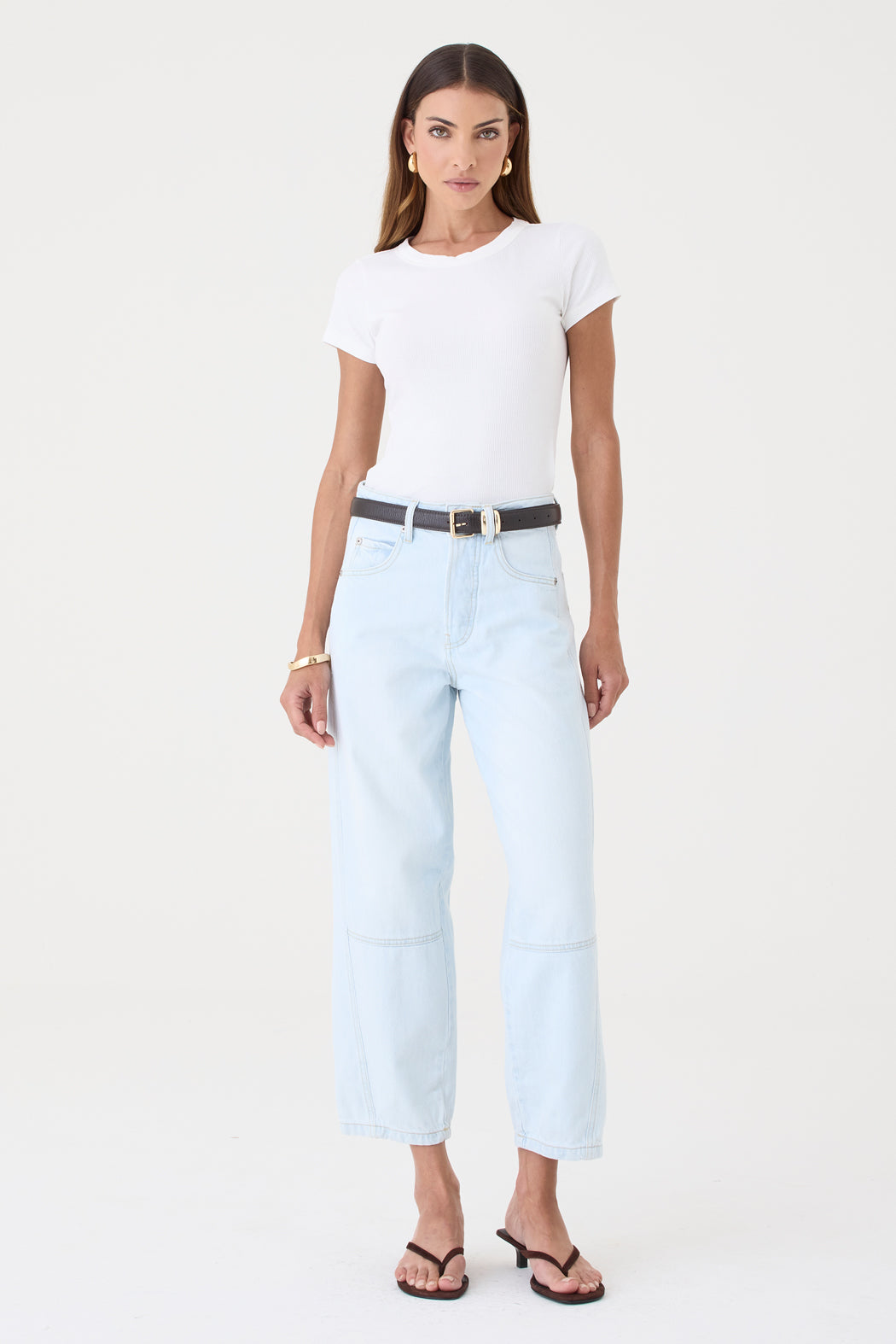 CALÇA ALISSA FEMININA BARREL SLIM RECORTES JEANS CLARO