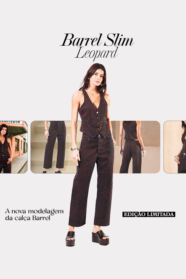 CALÇA BARREL SLIM ESTAMPADA SARJA TRUE LEOPARD ESCURO