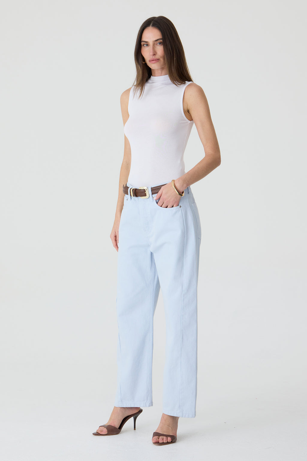 CALÇA MONICA FEMININA BARREL SARJA SLIM AZUL CLARO