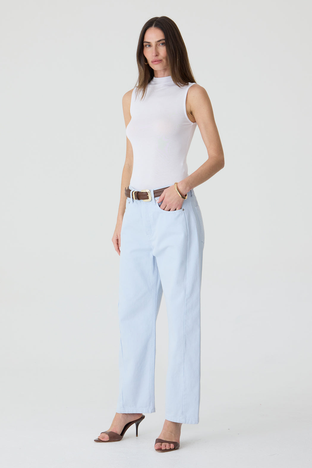 CALÇA MONICA FEMININA BARREL SARJA SLIM AZUL CLARO