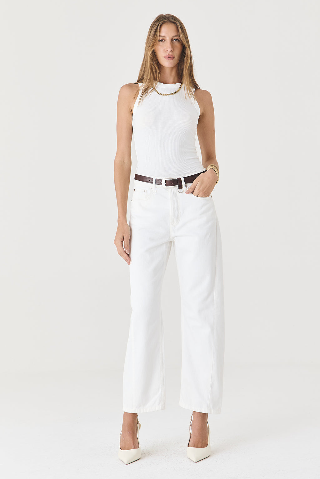 CALÇA MONICA FEMININA BARREL SARJA SLIM OFF WHITE