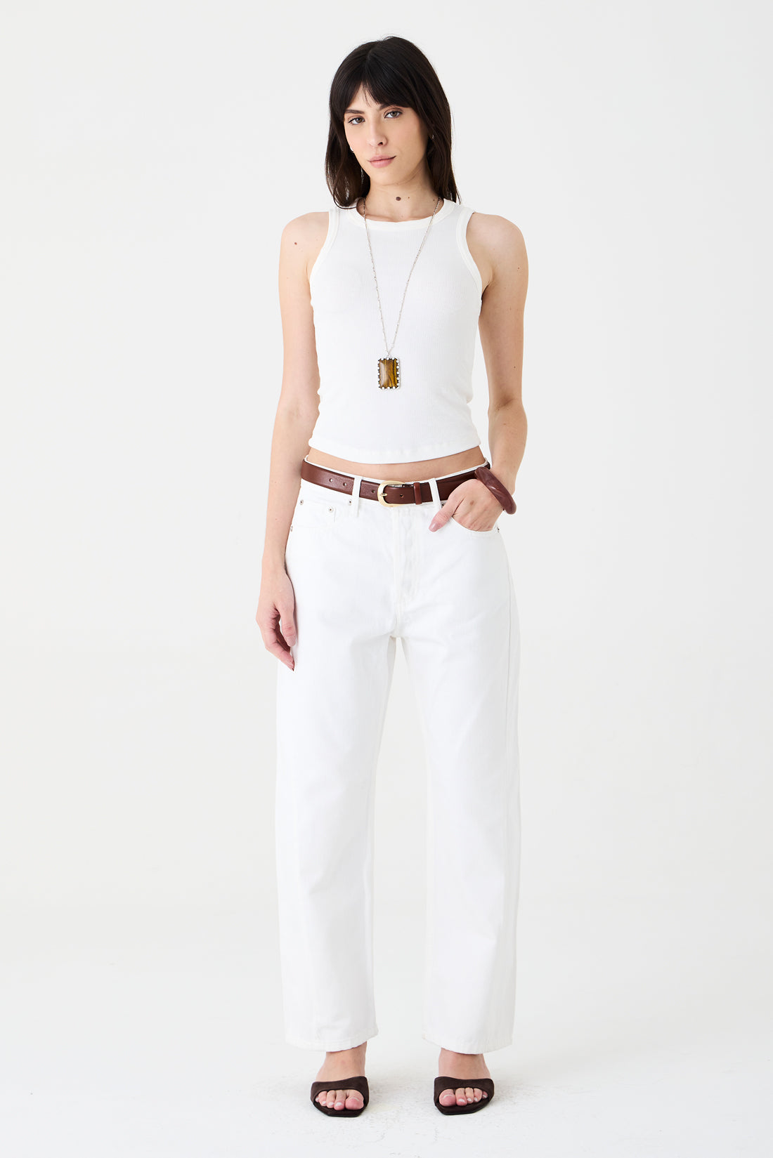 CALÇA MONICA FEMININA BARREL SARJA SLIM OFF WHITE