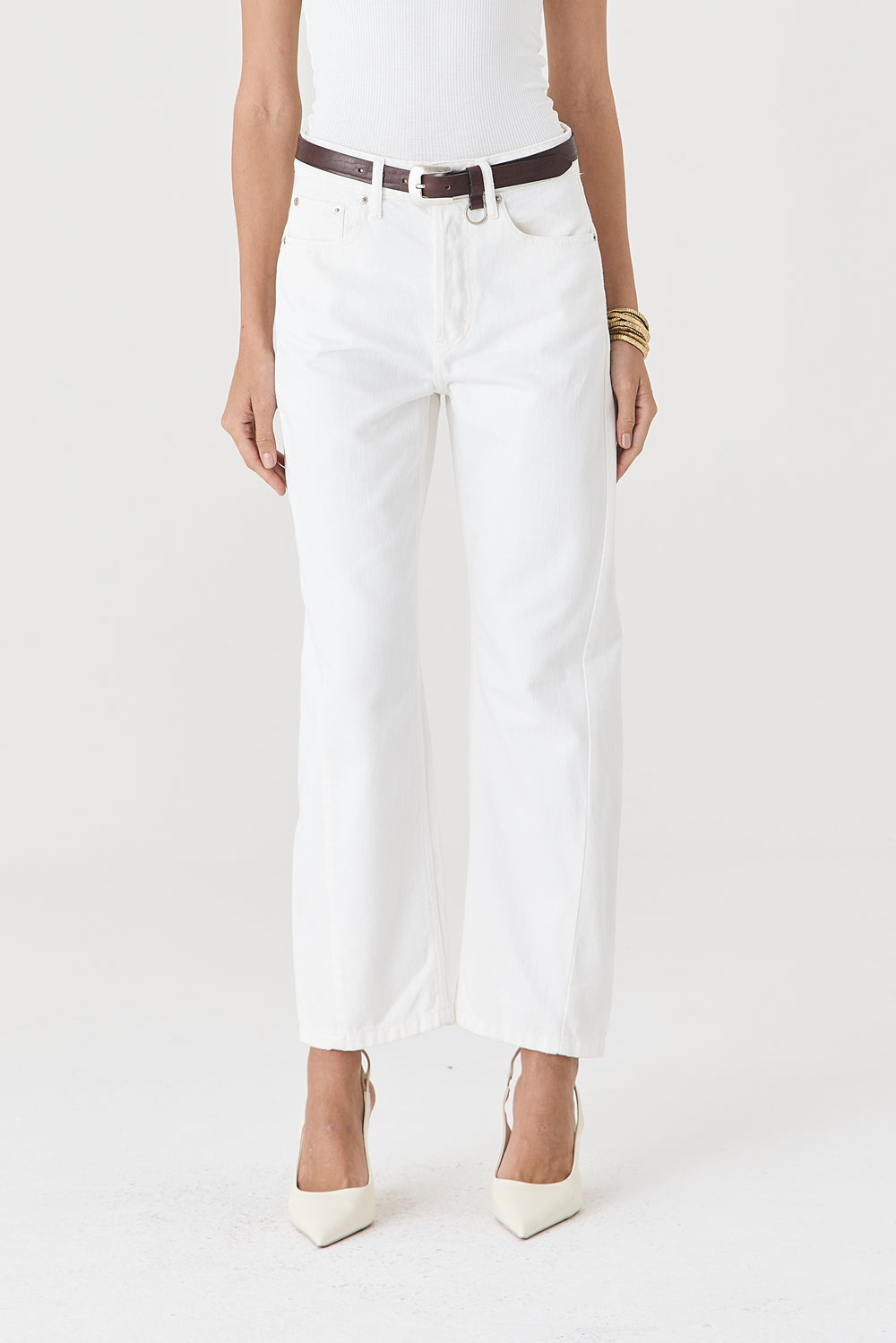 CALÇA MONICA FEMININA BARREL SARJA SLIM OFF WHITE