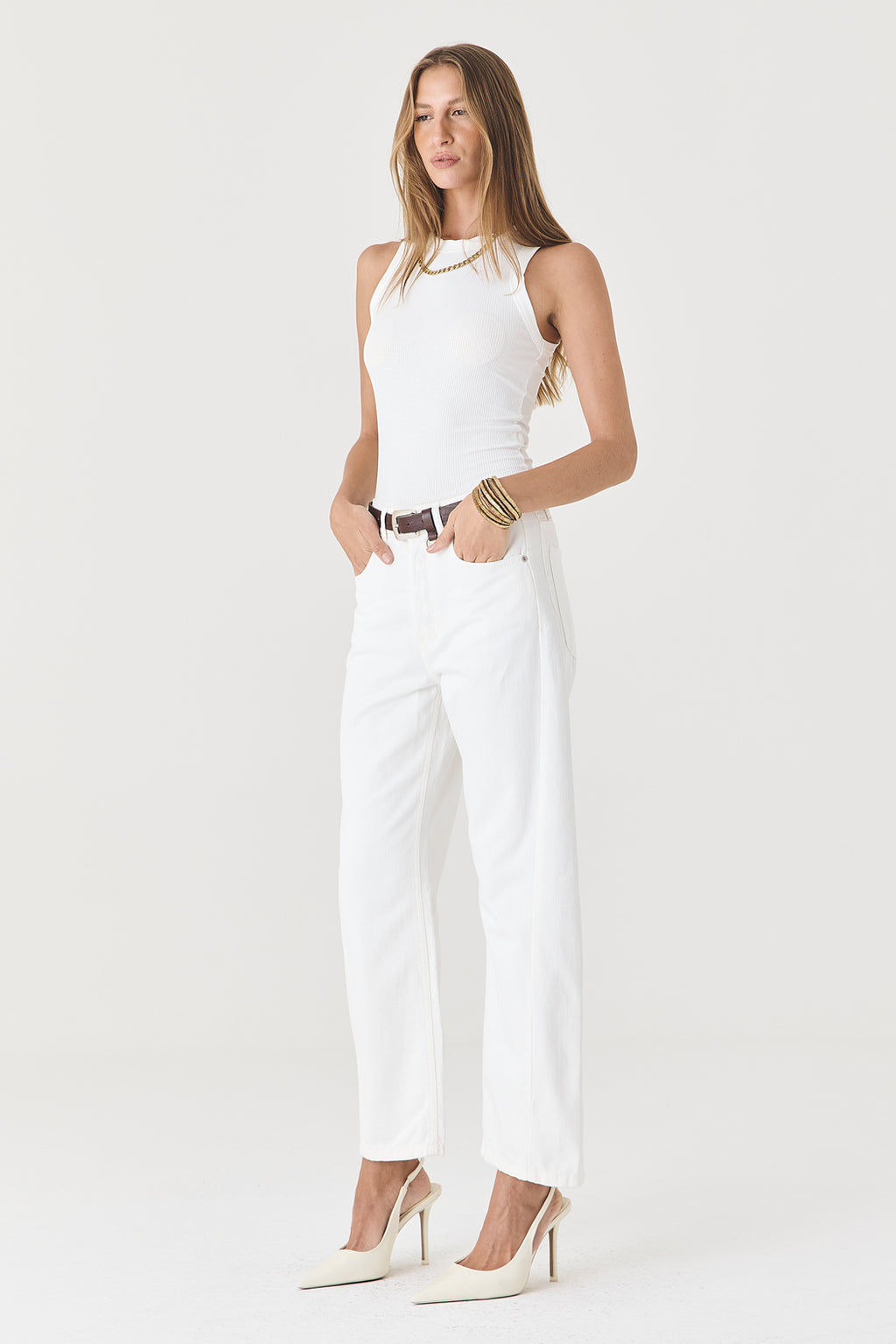 CALÇA MONICA FEMININA BARREL SARJA SLIM OFF WHITE