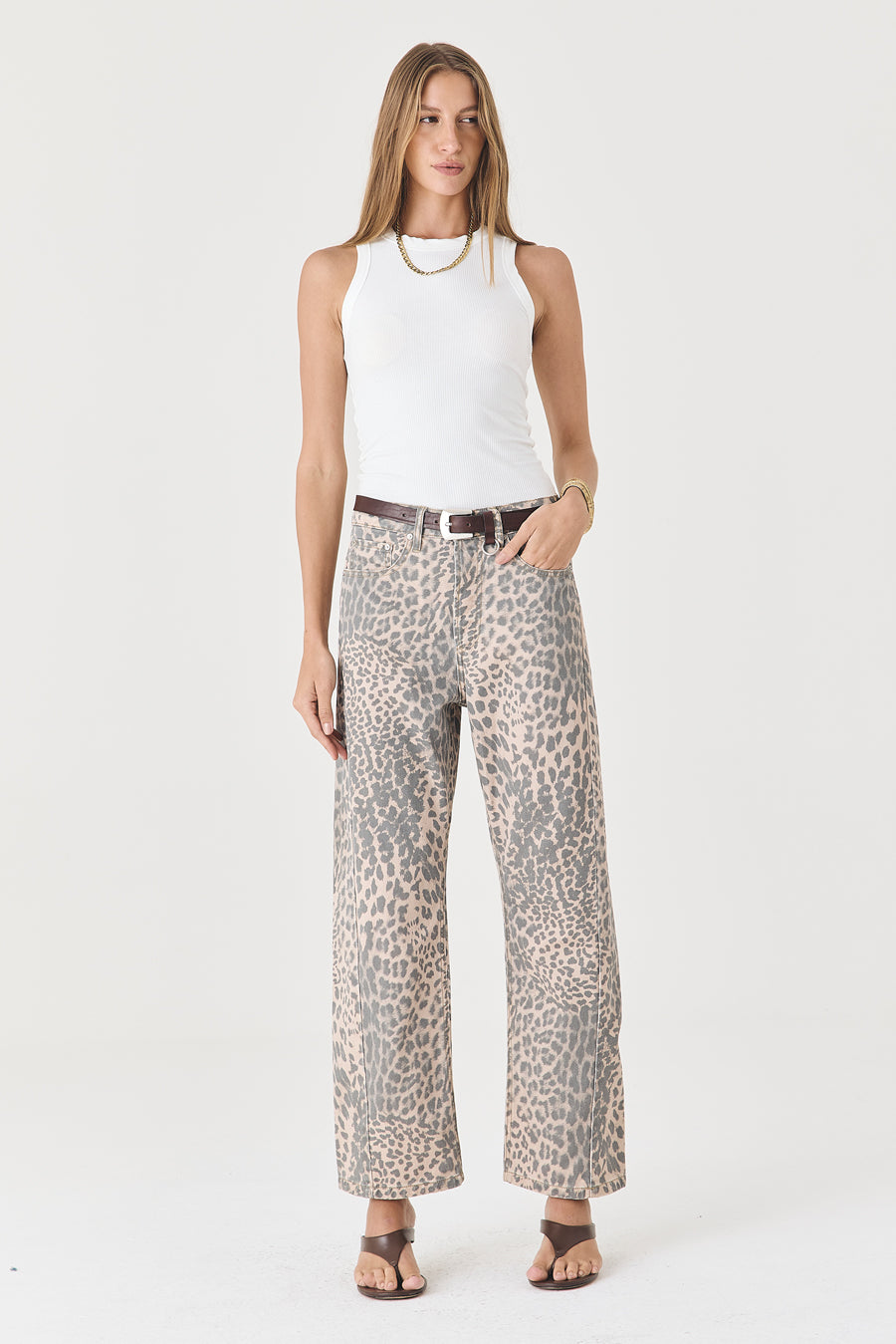 CALÇA MONICA FEMININA BARREL SLIM SARJA TRUE LEOPARD CLARO