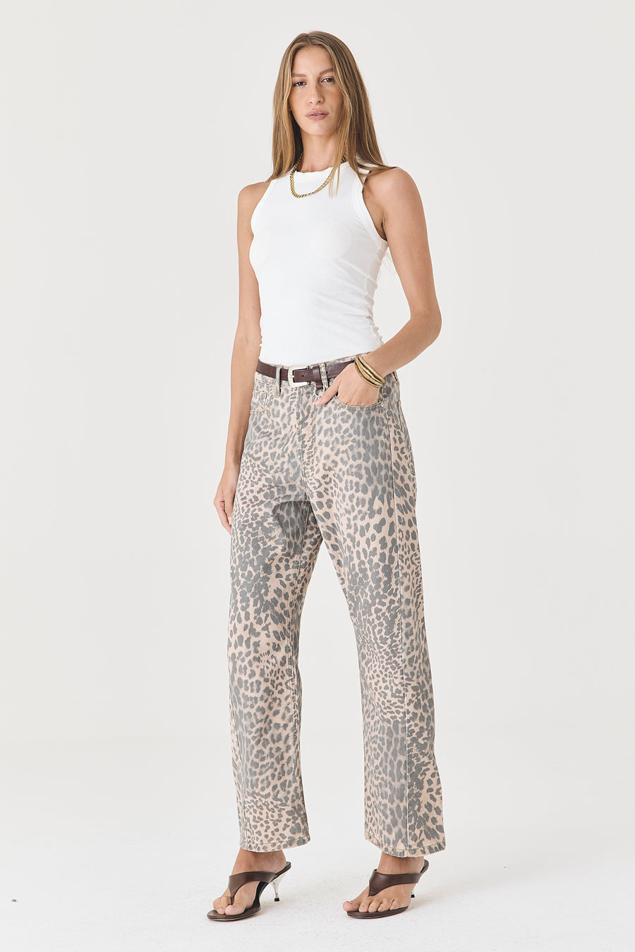 CALÇA MONICA FEMININA BARREL SLIM SARJA TRUE LEOPARD CLARO