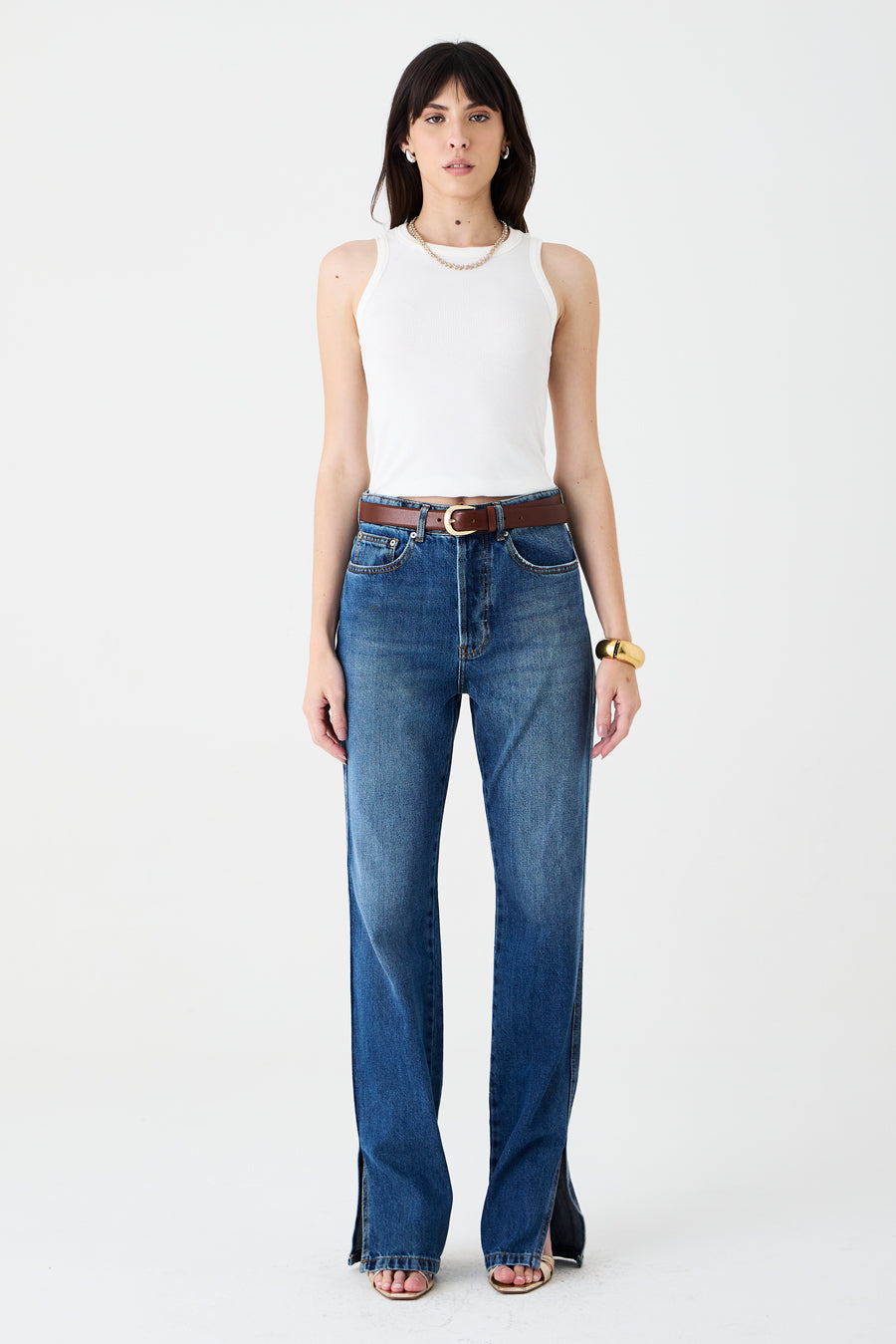 CALÇA CLAU FEMININA STRAIGHT FENDAS JEANS ESCURO