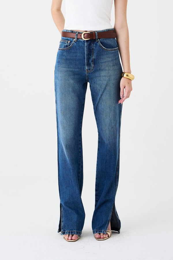 CALÇA CLAU FEMININA STRAIGHT FENDAS JEANS ESCURO