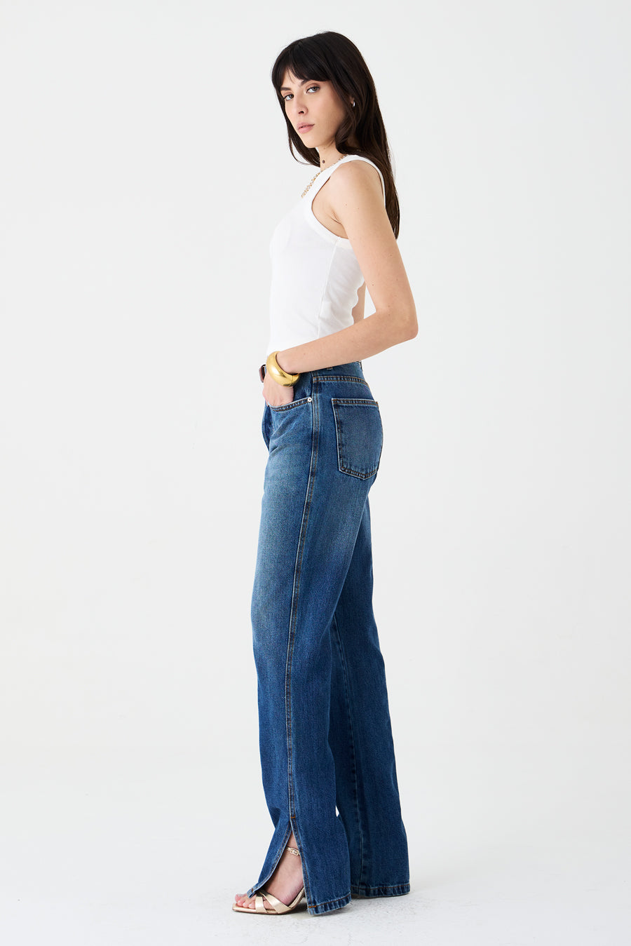 CALÇA CLAU FEMININA STRAIGHT FENDAS JEANS ESCURO