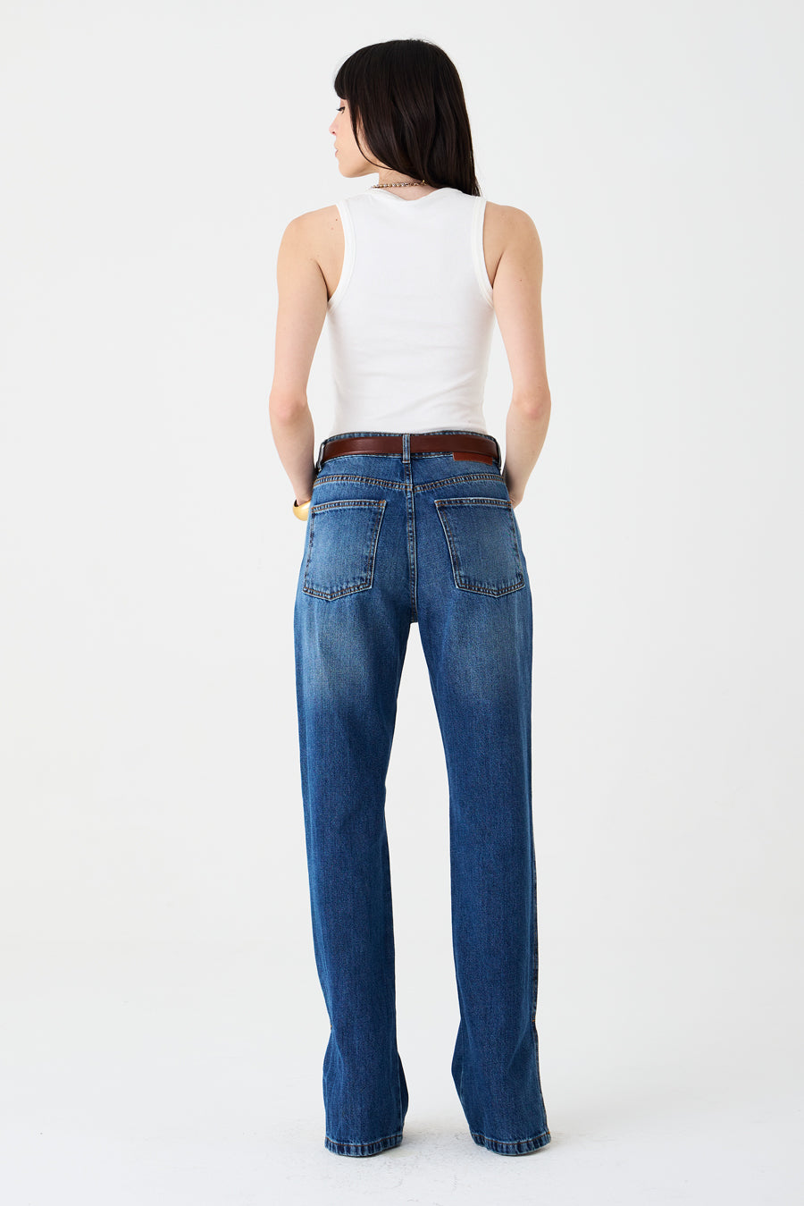 CALÇA CLAU FEMININA STRAIGHT FENDAS JEANS ESCURO