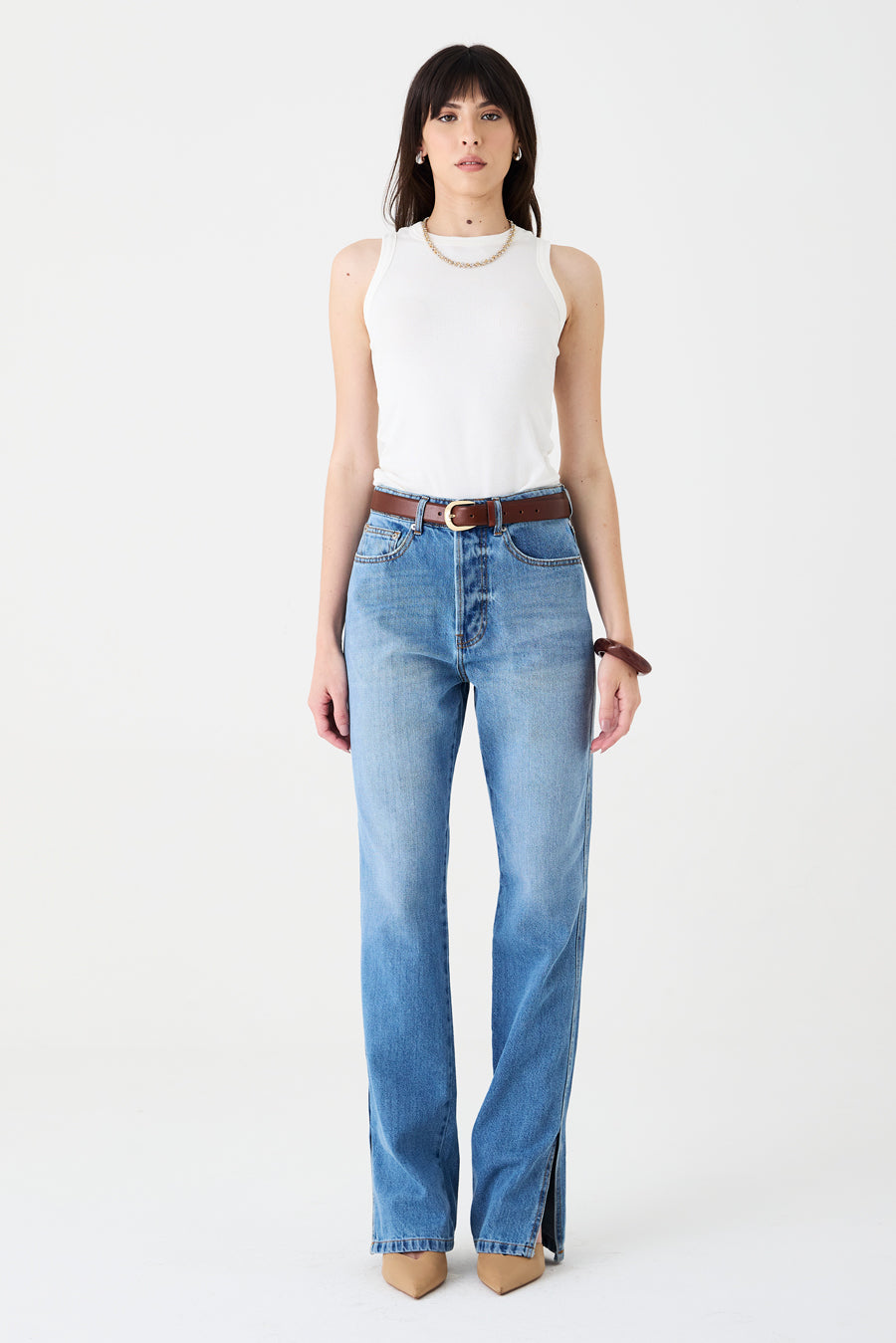 CALÇA CLAU FEMININA STRAIGHT FENDA JEANS MÉDIO