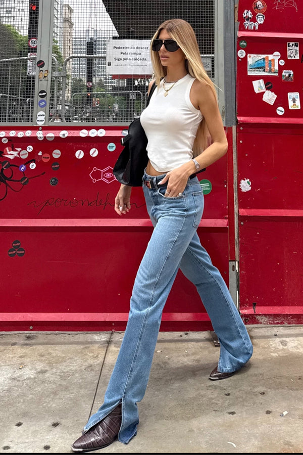 CALÇA CLAU FEMININA STRAIGHT FENDA JEANS MÉDIO