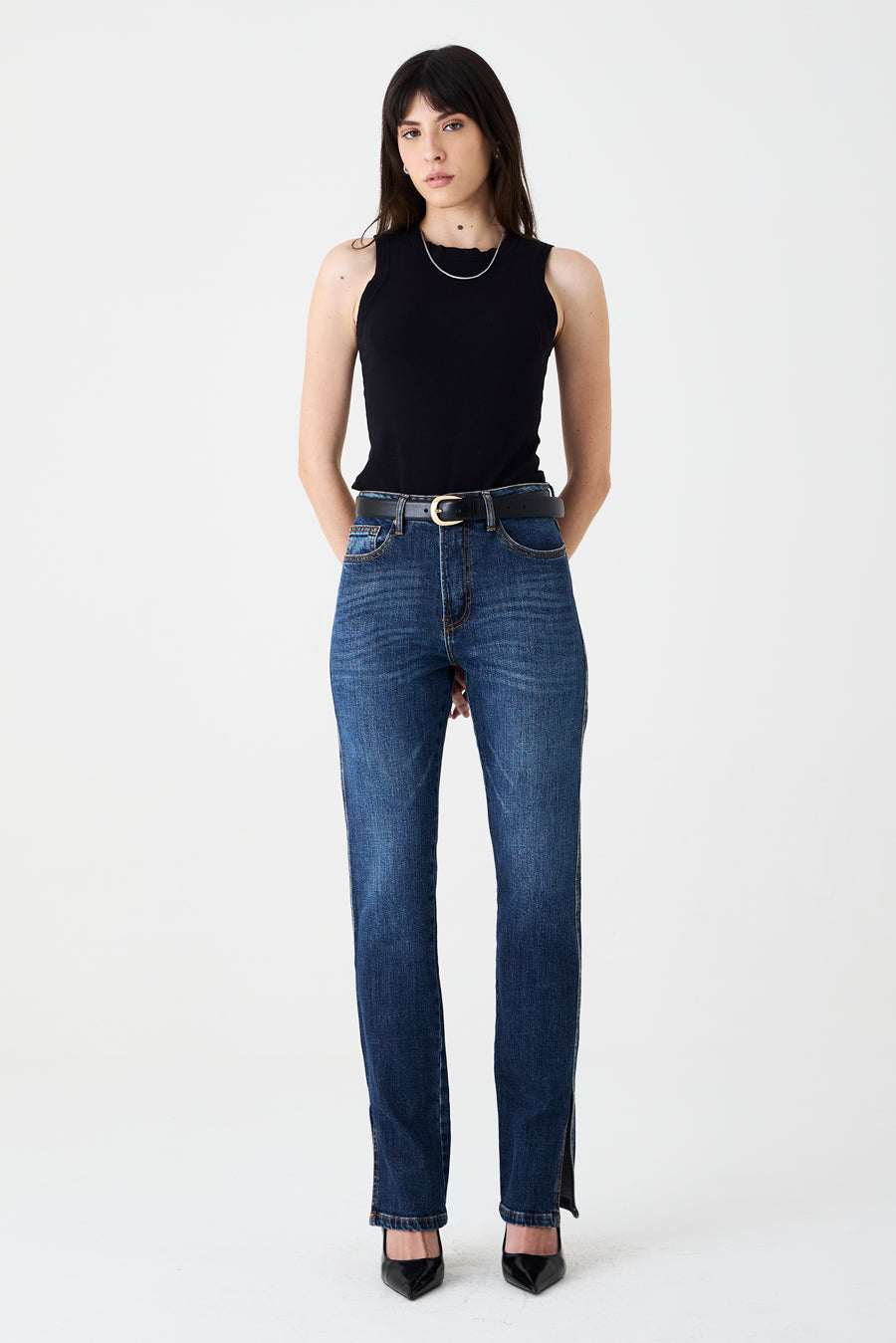 CALÇA SIMONE FEMININA LOW RISE FENDA JEANS ESCURO