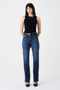 CALÇA SIMONE FEMININA LOW RISE FENDA JEANS ESCURO