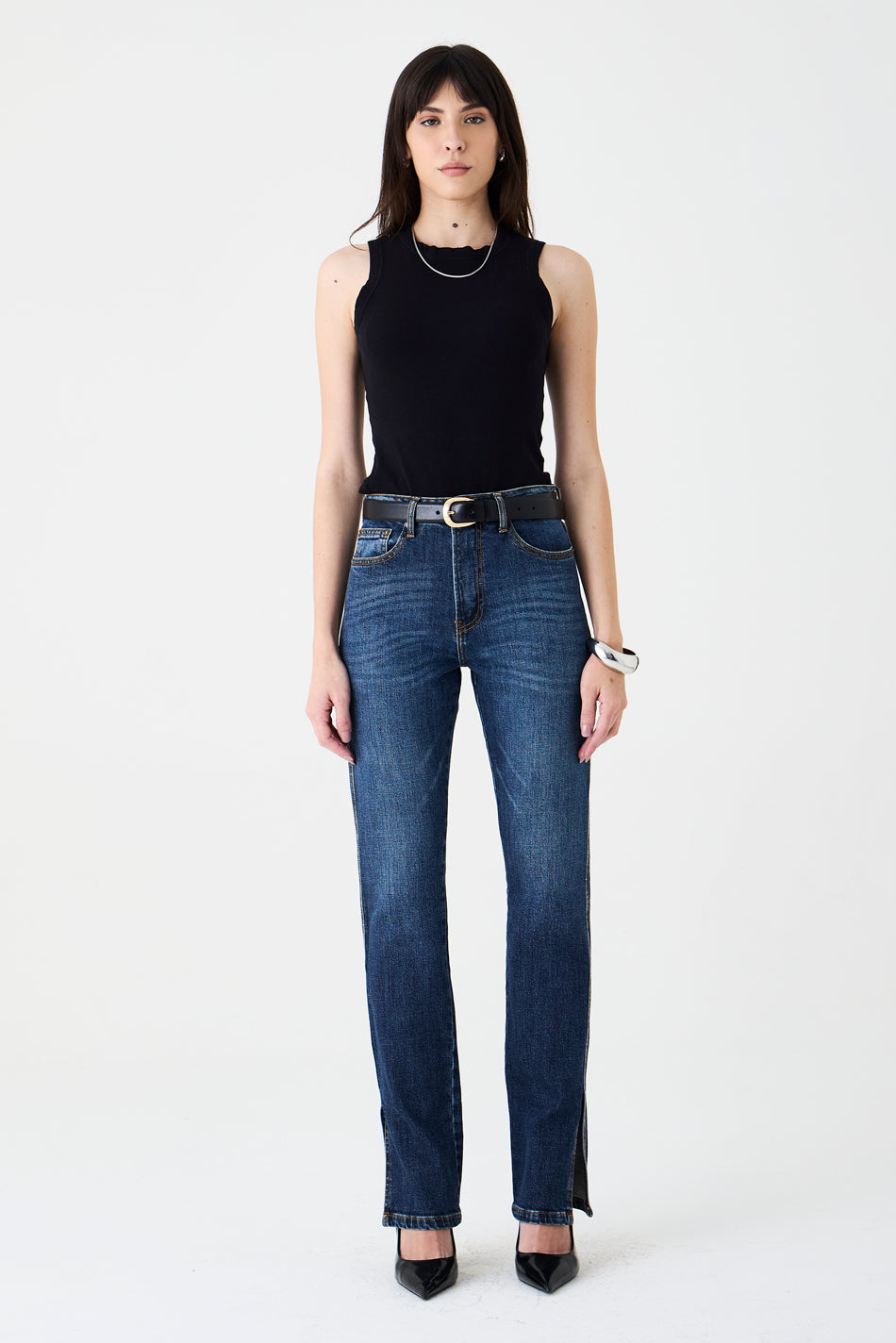 CALÇA BABI FEMININA SLIM STRAIGHT FENDA JEANS ESCURO