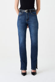 CALÇA BABI FEMININA SLIM STRAIGHT FENDA JEANS ESCURO