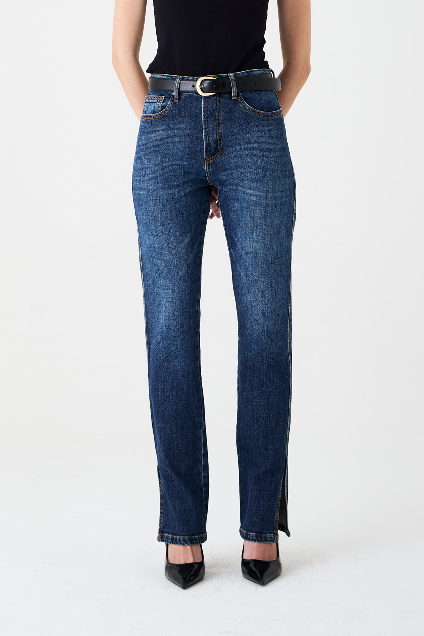 CALÇA BABI FEMININA SLIM STRAIGHT FENDA JEANS ESCURO