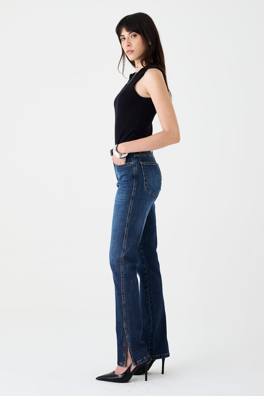 CALÇA SIMONE FEMININA LOW RISE FENDA JEANS ESCURO