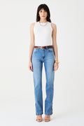 CALÇA SIMONE FEMININA LOW RISE FENDA JEANS MÉDIO