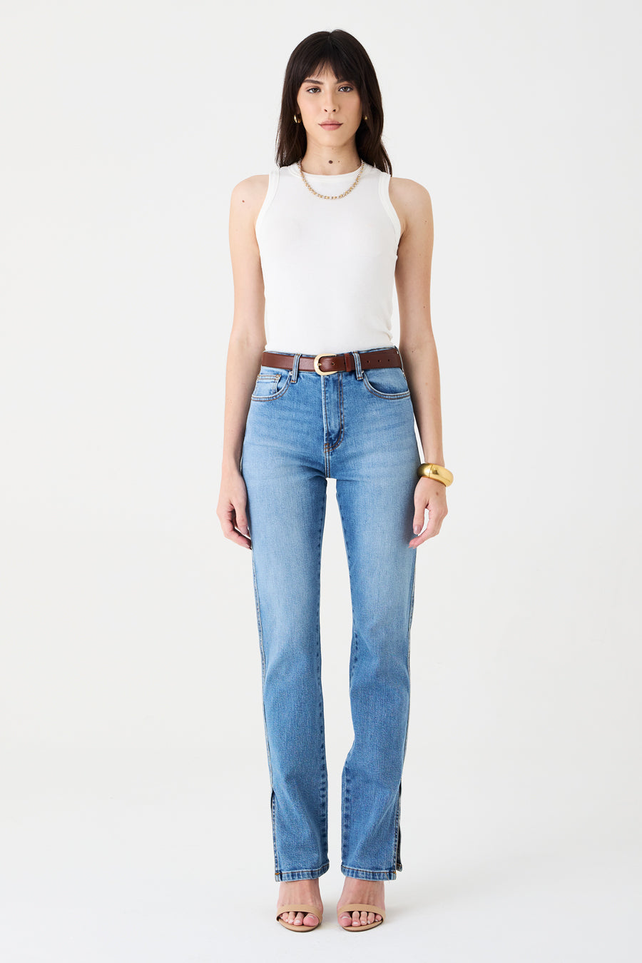 CALÇA SIMONE FEMININA LOW RISE FENDA JEANS MÉDIO